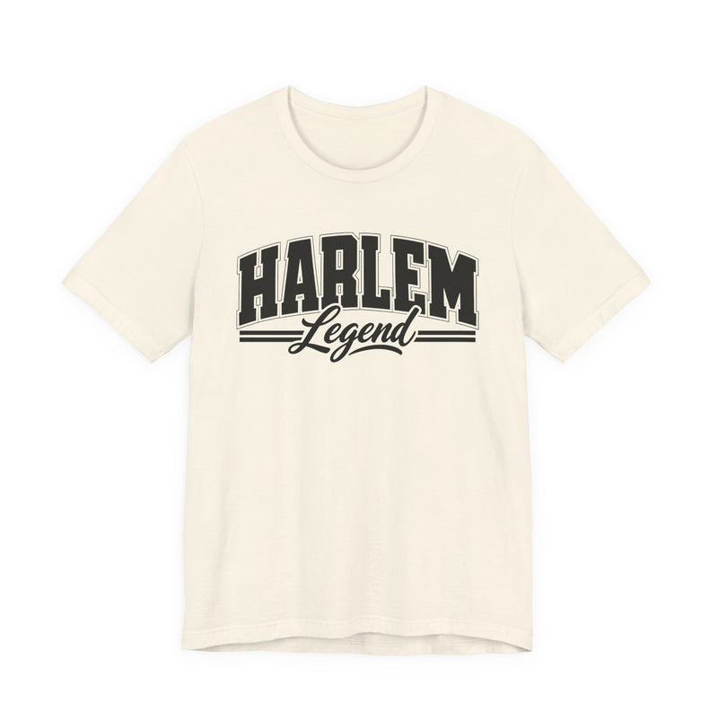 T-Shirt product with collegiate lettering reading HARLEM LEGEND, detail close-up.