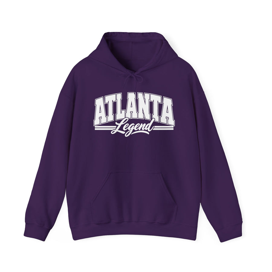 Purple hoodie with white varsity block and script lettering reading ATLANTA LEGEND, front flat-lay view.