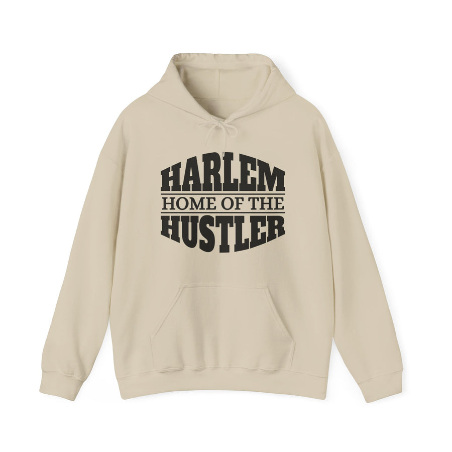 Hoodie with bold lettering reading HARLEM (HOME OF THE) HUSTLER, product view.