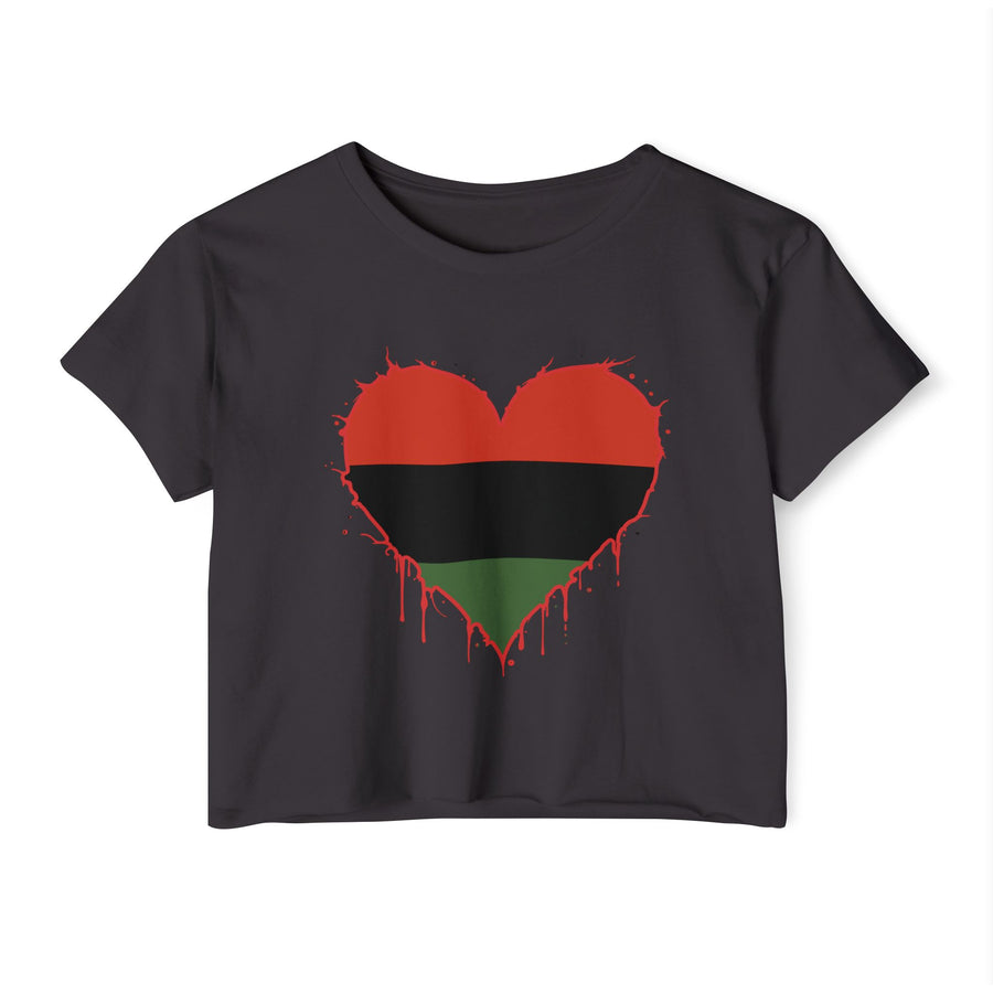 Charcoal gray crop top with a red, black, and green paint-splatter heart, front view.