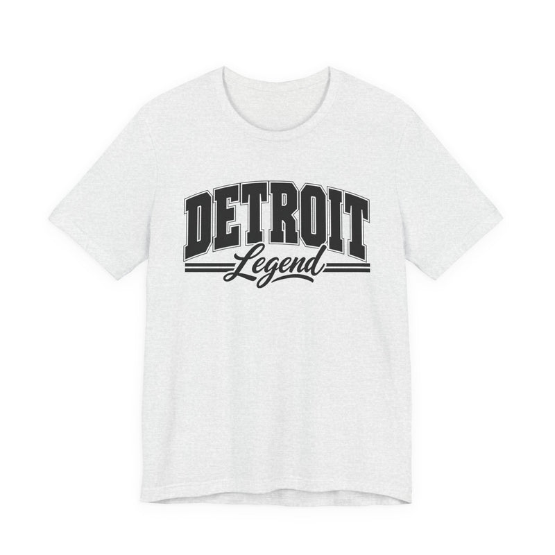 T-Shirt product photo with arched collegiate block lettering reading "DETROIT" with the word "Legend" in script beneath, front view.