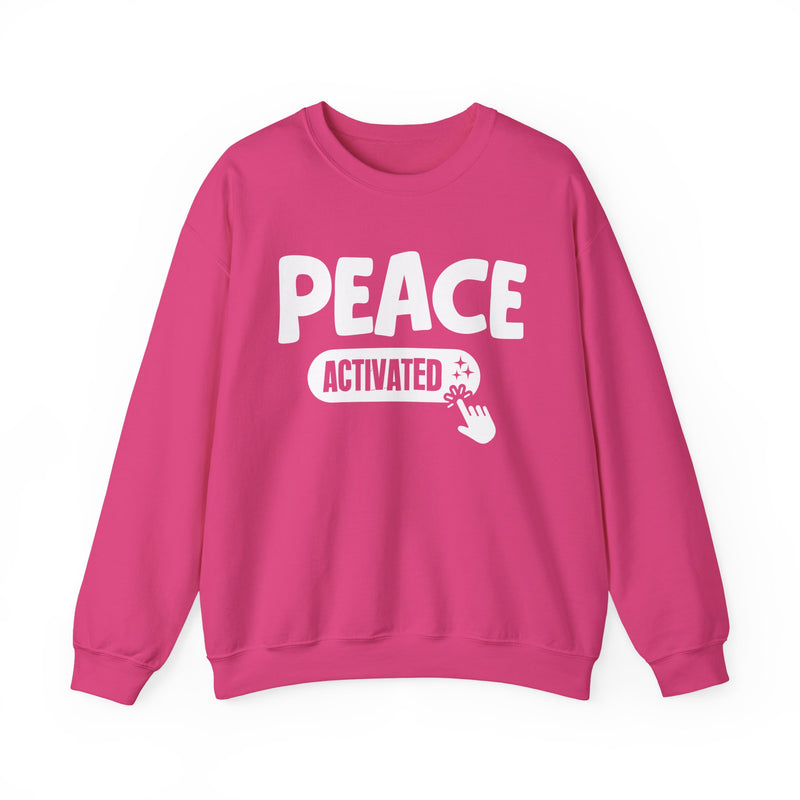 Sweatshirt in Heliconia with lettering reading "PEACE ACTIVATED", front view.