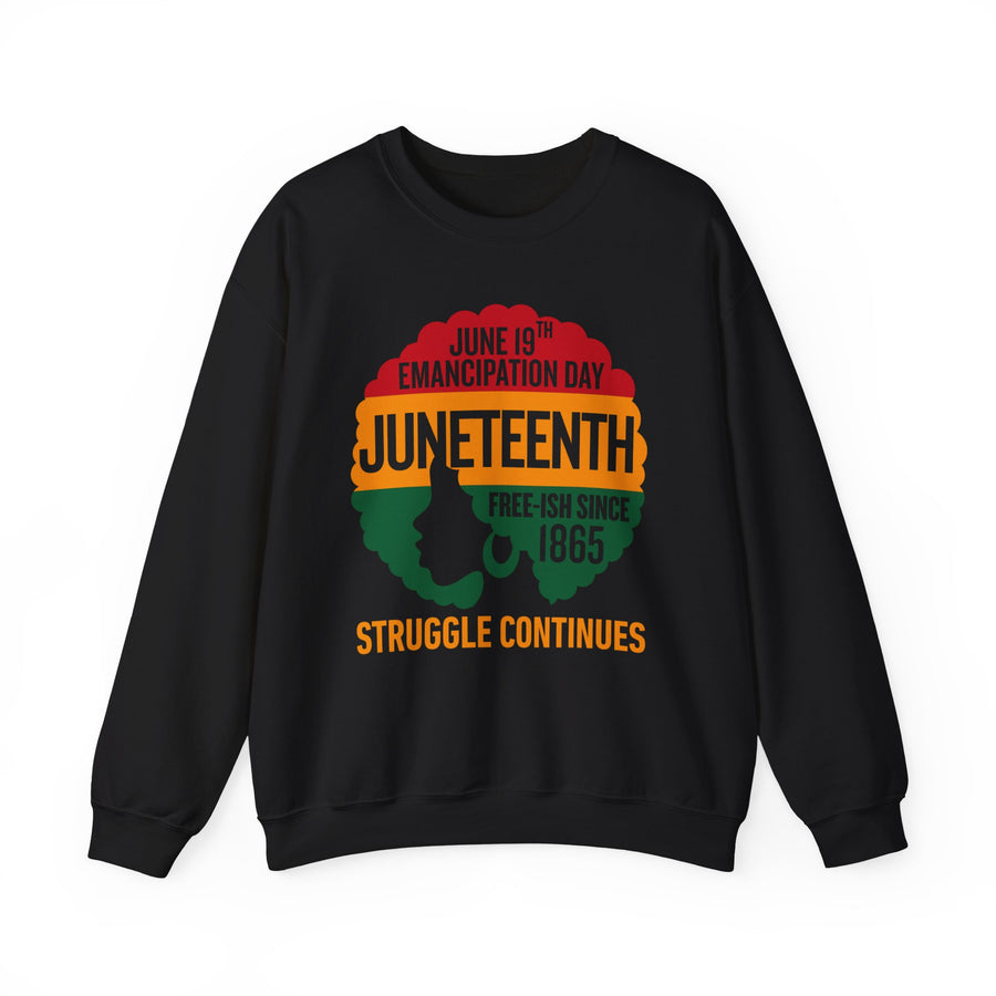 Emancipation Day Juneteenth Struggle Continues — Sweatshirt front view: EMANCIPATION DAY JUNETEENTH STRUGGLE CONTINUES in bold statement lettering. Street Talk Designs culture statement apparel.