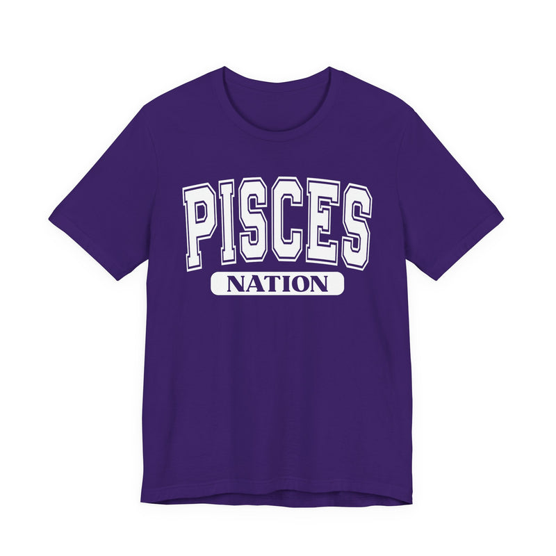 Team purple T-shirt with white arched collegiate PISCES lettering and boxed NATION print, front view.
