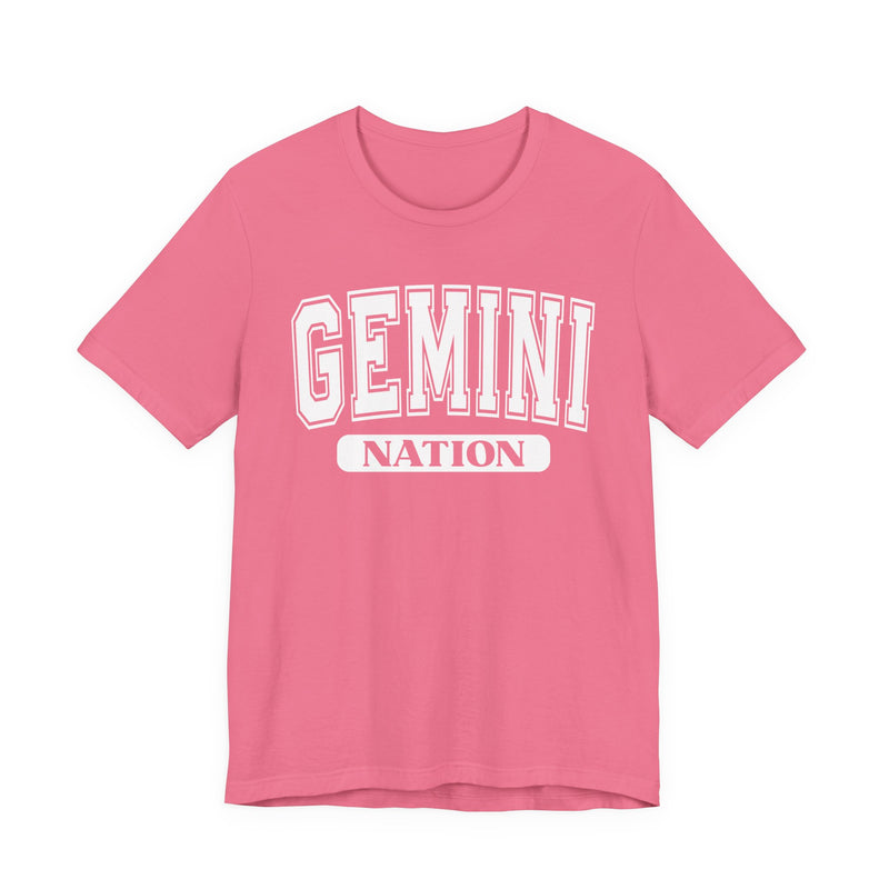 Charity Pink t-shirt with white arched GEMINI lettering and NATION bar print, front flat-lay view.