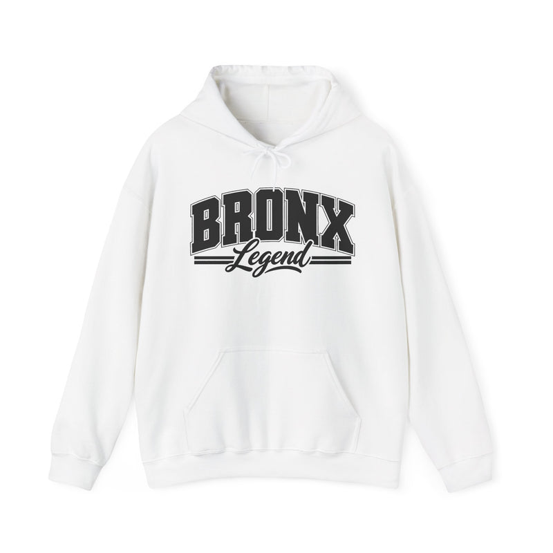 Hoodie product photo with arched collegiate block lettering reading "BRONX" with the word "Legend" in script beneath, front view.