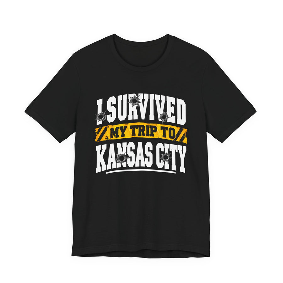 T-Shirt product with collegiate lettering reading I SURVIVED MY TRIP TO KANSAS CITY, front view.