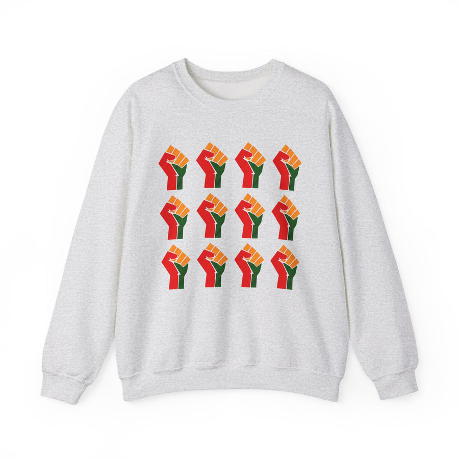 Ash gray sweatshirt with a 3-by-4 grid pattern of twelve red, black, and green raised-fist icons, front view.