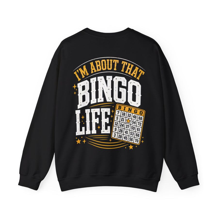 Black sweatshirt with white and gold bubble lettering reading I'M ABOUT THAT BINGO LIFE, back.
