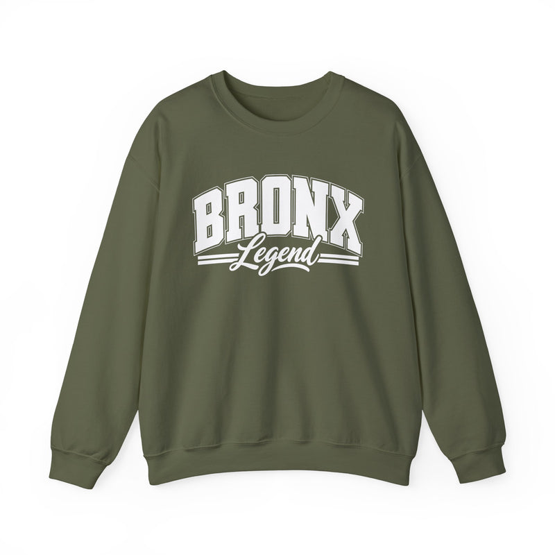 Sweatshirt product photo with arched collegiate block lettering reading "BRONX" with the word "Legend" in script beneath, front view.