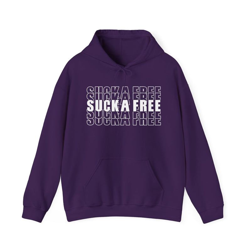 Purple hoodie with white bubble lettering reading SUCKA FREE, front.