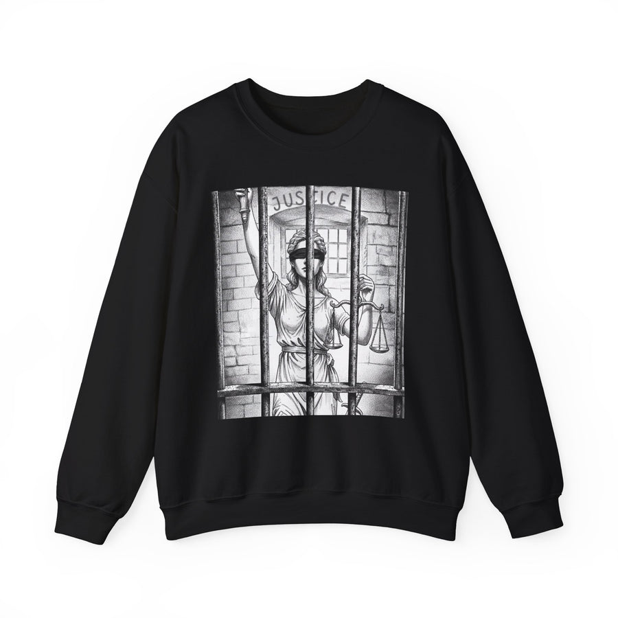 Justice — Sweatshirt front view: JUSTICE in bold statement lettering. Street Talk Designs politics and power statement apparel.