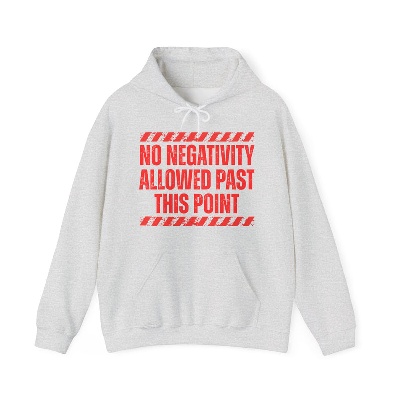 Hoodie in Ash with lettering reading "NO NEGATIVITY ALLOWED PAST THIS — FUNNY NO NEGATIVE ENERGY", front view.