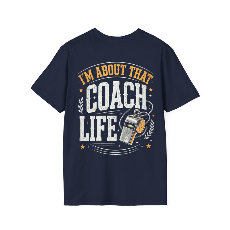 Navy t-shirt with white and orange distressed trade lettering reading I'M ABOUT THAT COACH LIFE, front view.