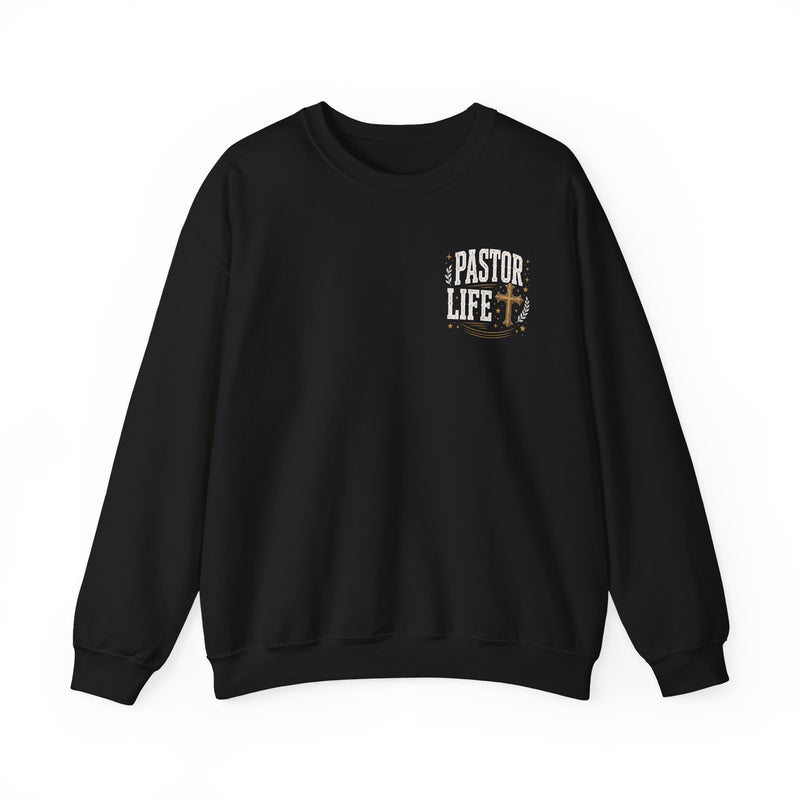 Sweatshirt with text design reading “I'M ABOUT THAT PASTOR LIFE”, front view