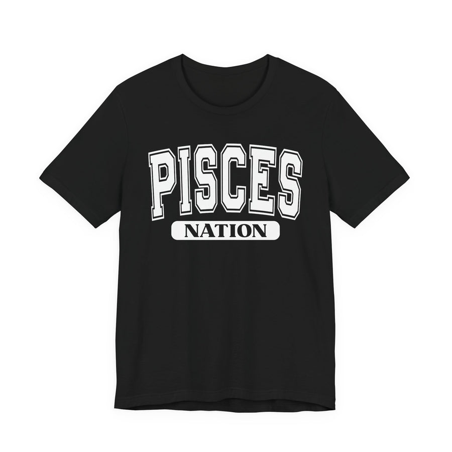 Black T-shirt with white arched collegiate PISCES lettering and boxed NATION print, front view.