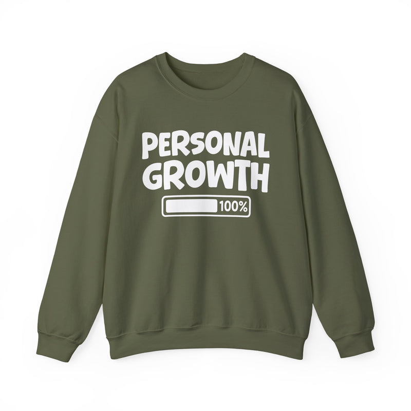 Graphic sweatshirt with bold statement lettering reading "PERSONAL GROWTH 100% LOADED", front view, product mockup