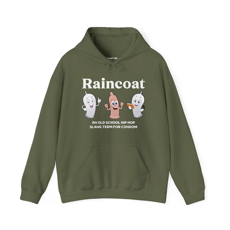 RAINCOAT — Hoodie alternate view 7: Raincoat / cartoon condom characters / AN OLD SCHOOL HIP HOP SLANG TERM FOR CONDOM. Street Talk Designs old school statement apparel.