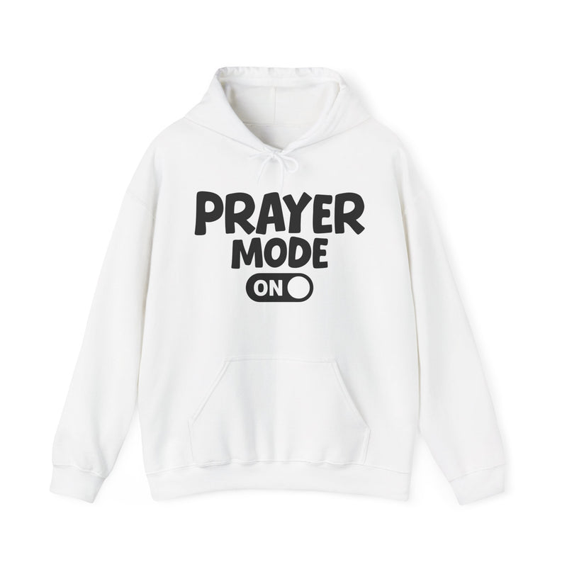 Hoodie with text design reading “PRAYER MODE ON”, front view