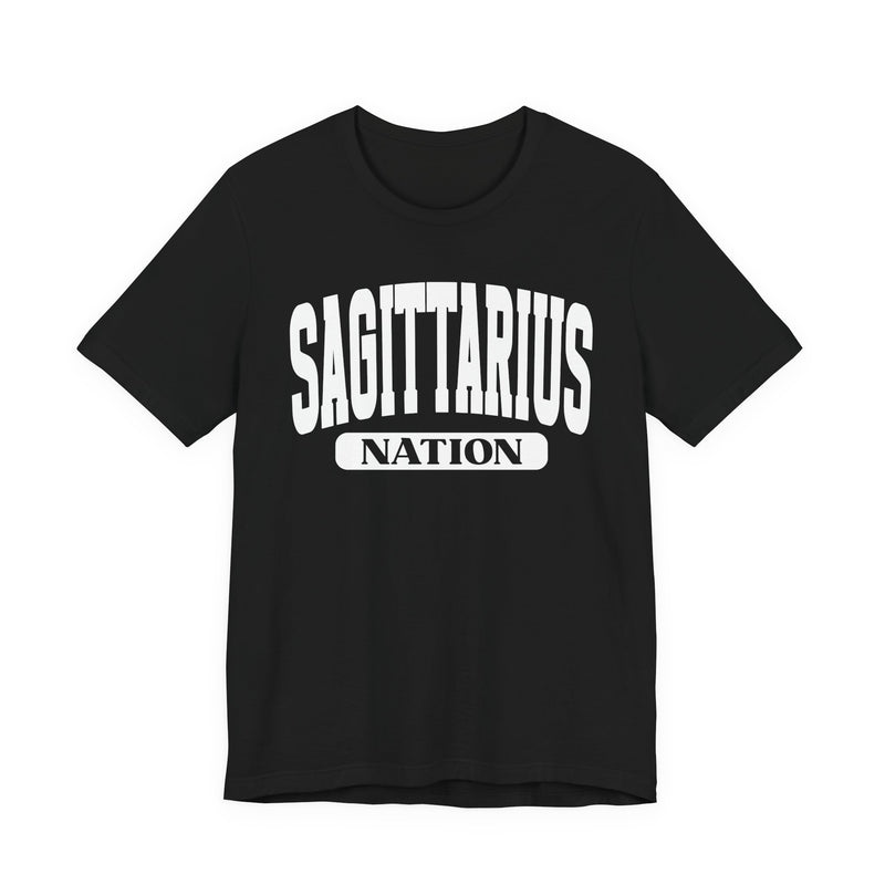Black t-shirt with white arched SAGITTARIUS collegiate lettering and NATION banner print, front flat-lay view.