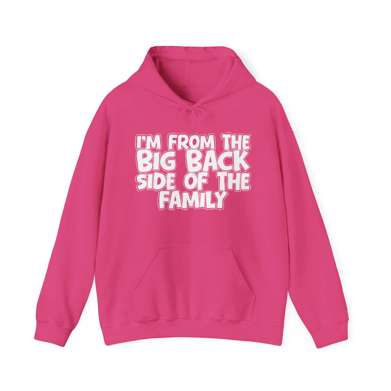 light hoodie with ‘I’M FROM THE BIG BACK SIDE OF THE FAMILY’ statement text in bold outline lettering, front flat-lay view.