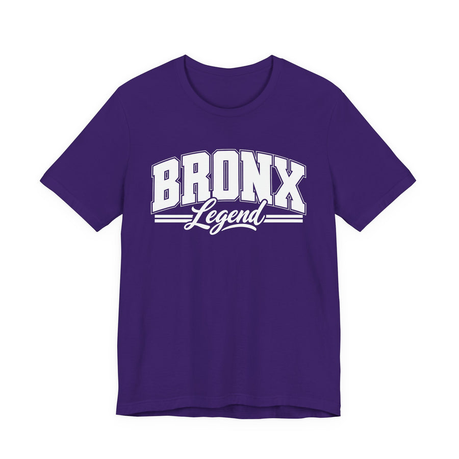 T-Shirt product photo with arched collegiate block lettering reading "BRONX" with the word "Legend" in script beneath, front view.