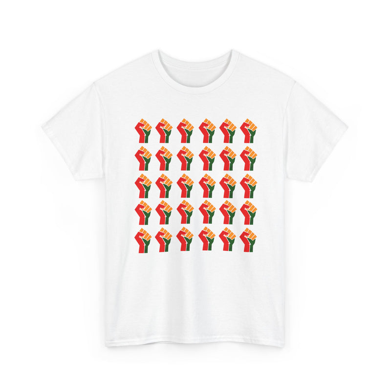 White t-shirt with a dense 6-by-5 grid pattern of thirty red, black, and green raised-fist icons, front view.