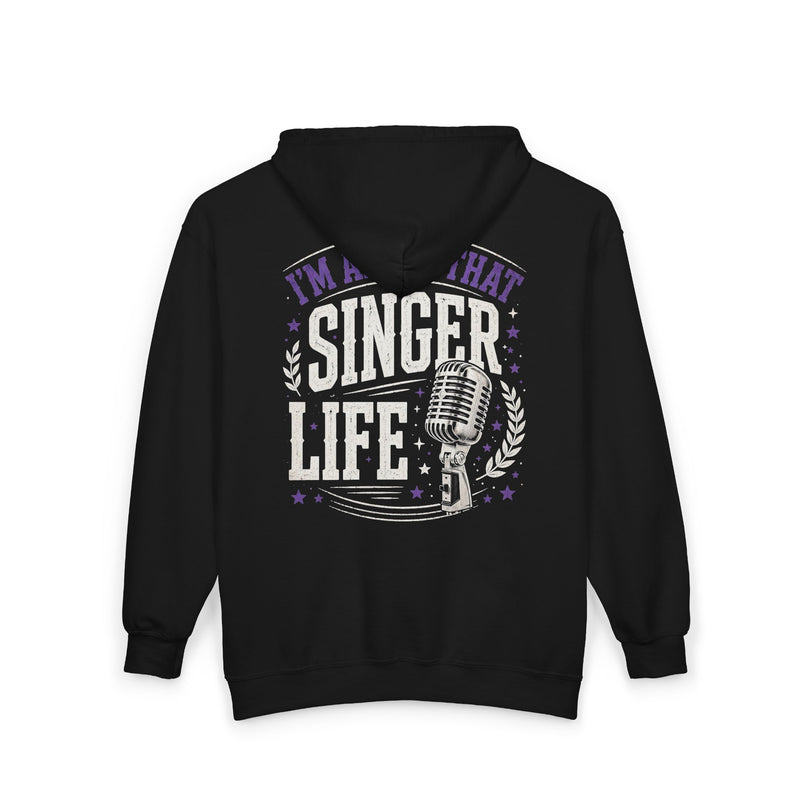 Black hoodie with white and purple bubble lettering reading I'M ABOUT THAT SINGER LIFE, back.