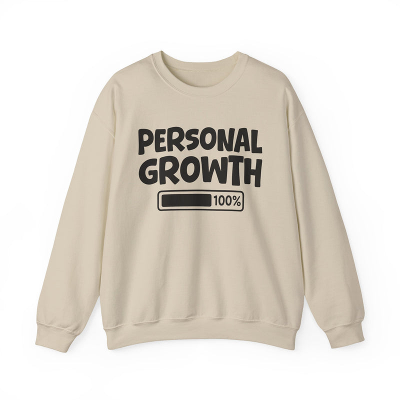 Graphic sweatshirt with bold statement lettering reading "PERSONAL GROWTH 100% LOADED", front view, product mockup