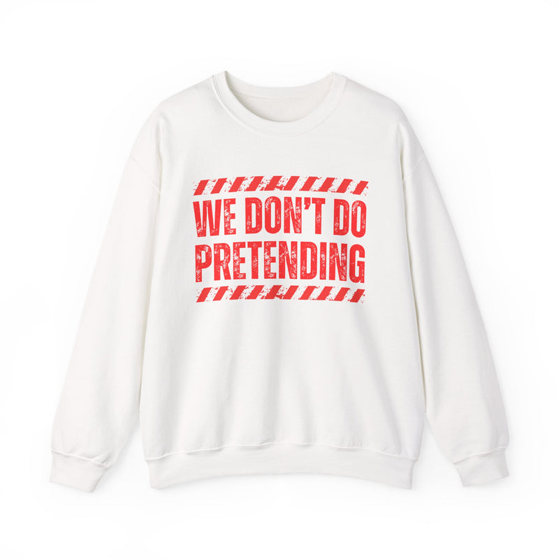 Navy sweatshirt with yellow bubble lettering reading WE DON'T DO PRETENDING, alternate view.