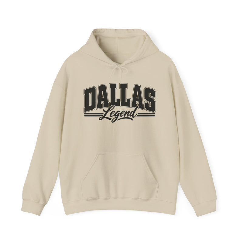 Hoodie with collegiate lettering reading DALLAS LEGEND, front view.