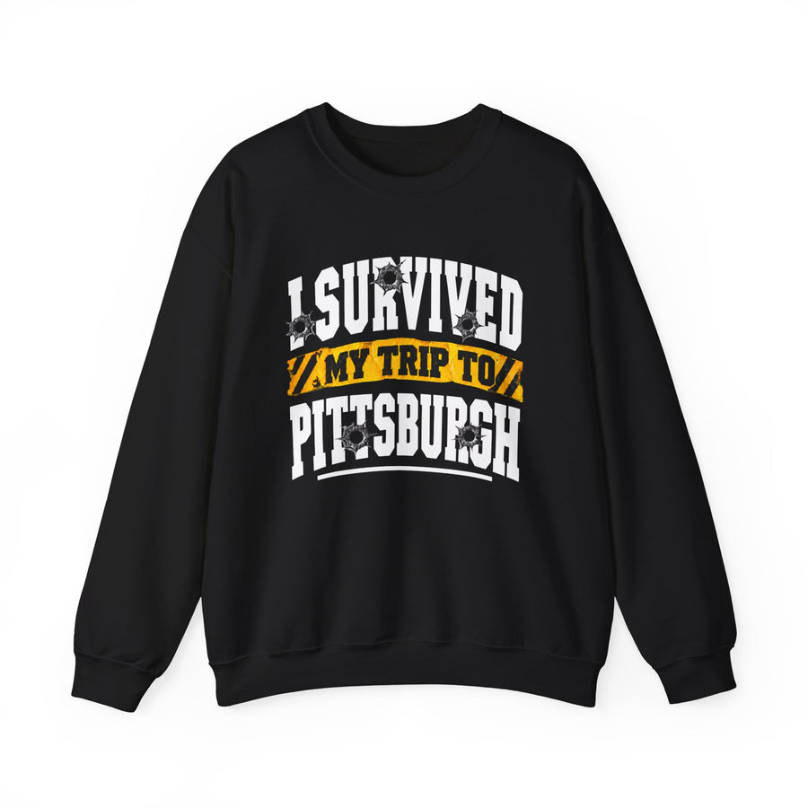 Sweatshirt product with collegiate lettering reading I SURVIVED MY TRIP TO PITTSBURGH, front view.