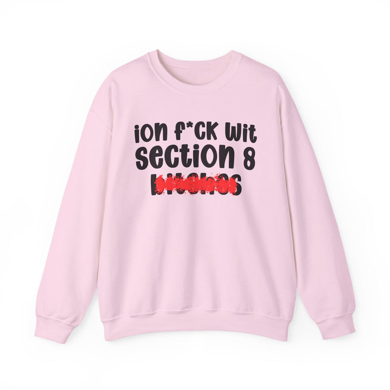 Light Pink sweatshirt with black 'ion f*ck wit / section 8 / bitches' print (photo shows the Section 8 design, not the Iffy design) and a red distressed smear over the bottom word, front flat-lay view.