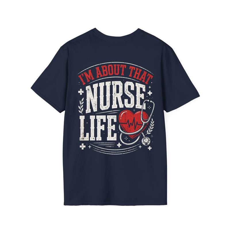 Navy-color tee with red and white lettering reading I'M ABOUT THAT NURSE LIFE, flat product.
