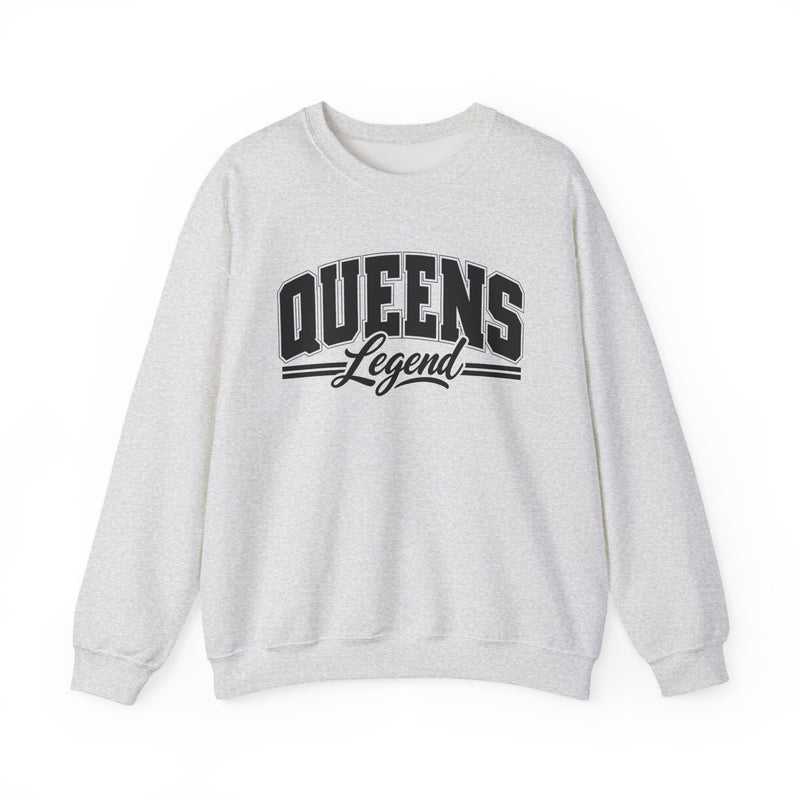 White sweatshirt with black varsity block and script lettering reading QUEENS LEGEND, front flat-lay view.