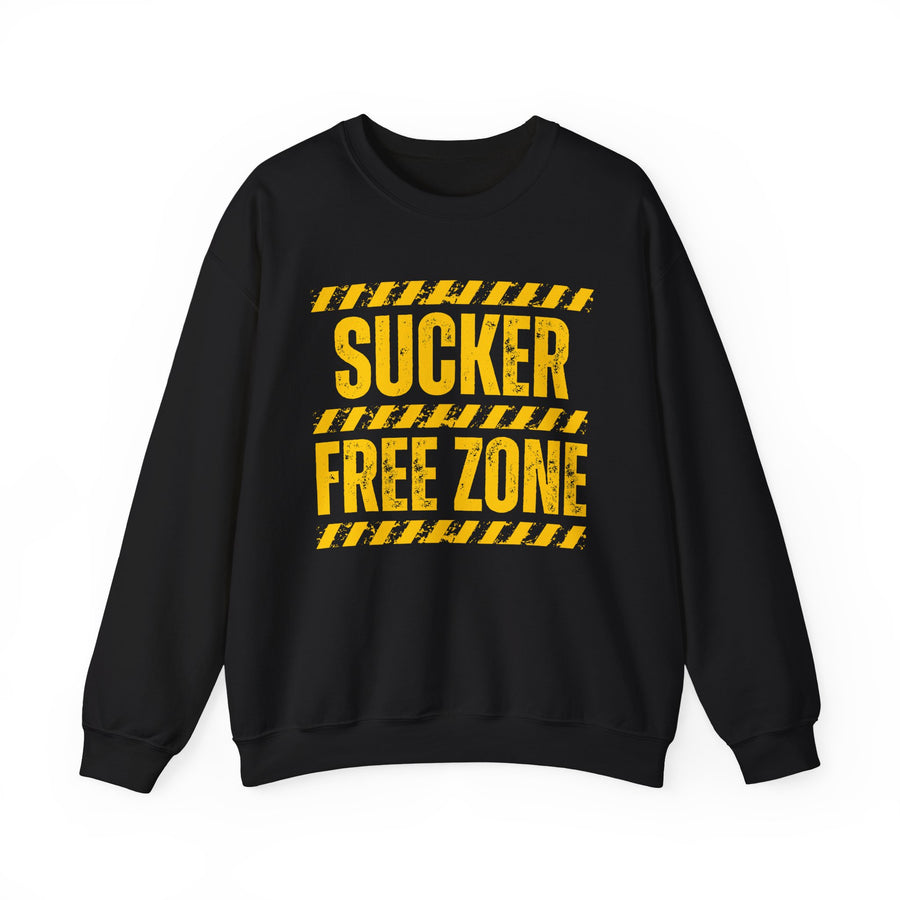 Sweatshirt in Black with lettering reading SUCKER FREE ZONE, front view