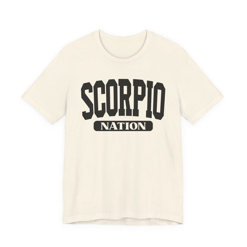 Natural t-shirt with black arched collegiate SCORPIO lettering over a NATION banner, front view.