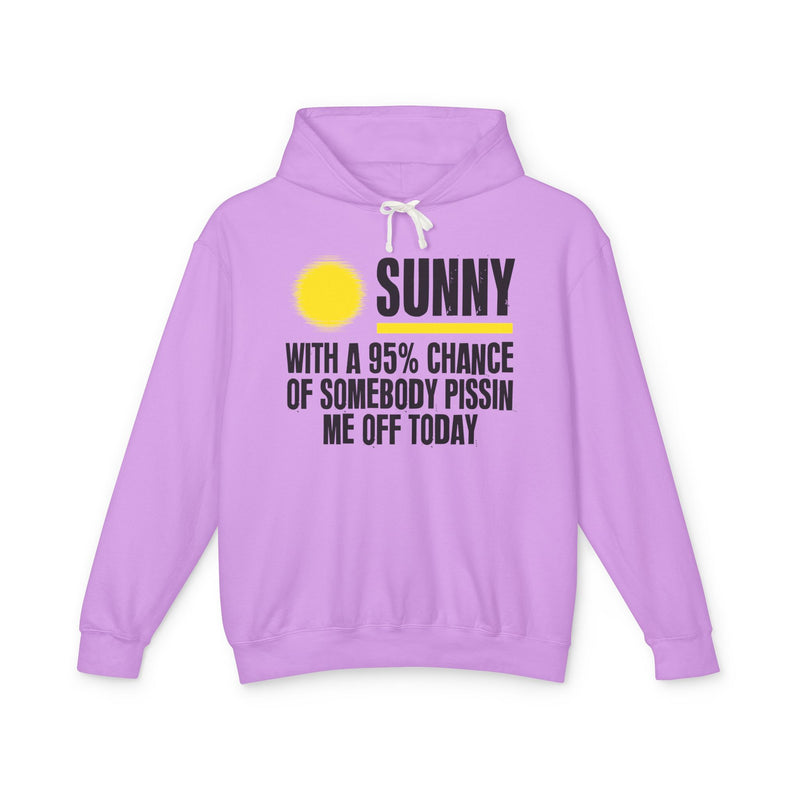 Sunny With A 95% Chance Of Somebody Pissin Me Off Today — Hoodie alternate view 5: yellow sun icon beside SUNNY, over WITH A 95% CHANCE OF SOMEBODY PISSIN ME OFF TODAY, white distressed print with yellow accents on navy. Street Talk Designs sarcastic statement apparel.