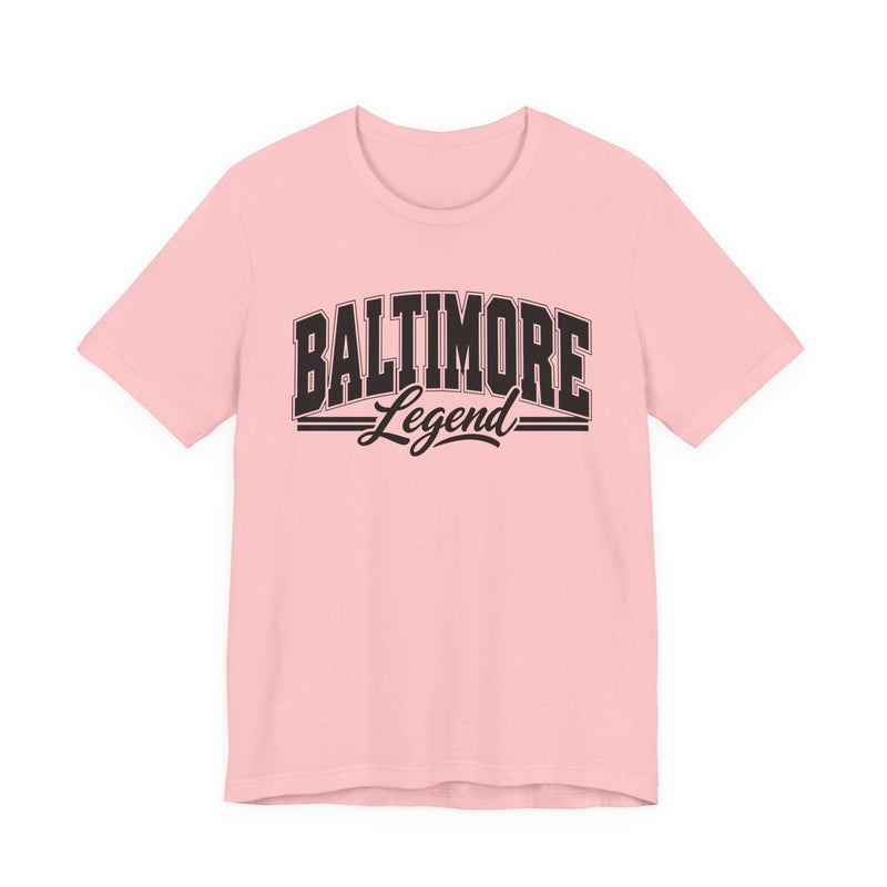 T-Shirt product with collegiate lettering reading BALTIMORE LEGEND, on-model view.