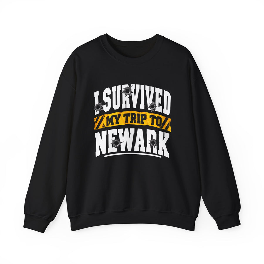 Sweatshirt with collegiate lettering reading I SURVIVED MY TRIP TO NEWARK, front view.