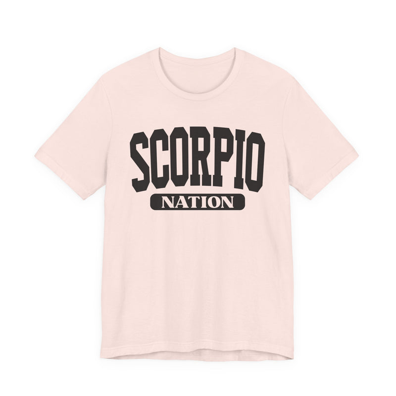 Soft Pink t-shirt with black arched collegiate SCORPIO lettering over a NATION banner, front view.