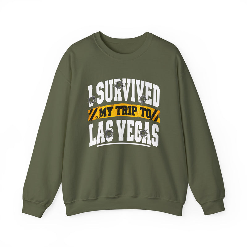 Sweatshirt with collegiate lettering reading I SURVIVED MY TRIP TO LAS VEGAS, front view.