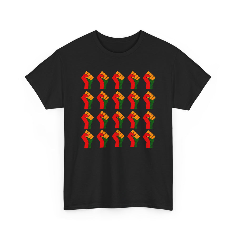 Black t-shirt with a 4-by-5 grid pattern of twenty red, black, and green raised-fist icons, front view.