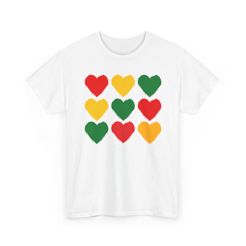 Pan-African 12 Heart Grid — T-Shirt back view: PAN-AFRICAN 12 HEART GRID in bold statement lettering. Street Talk Designs culture statement apparel.