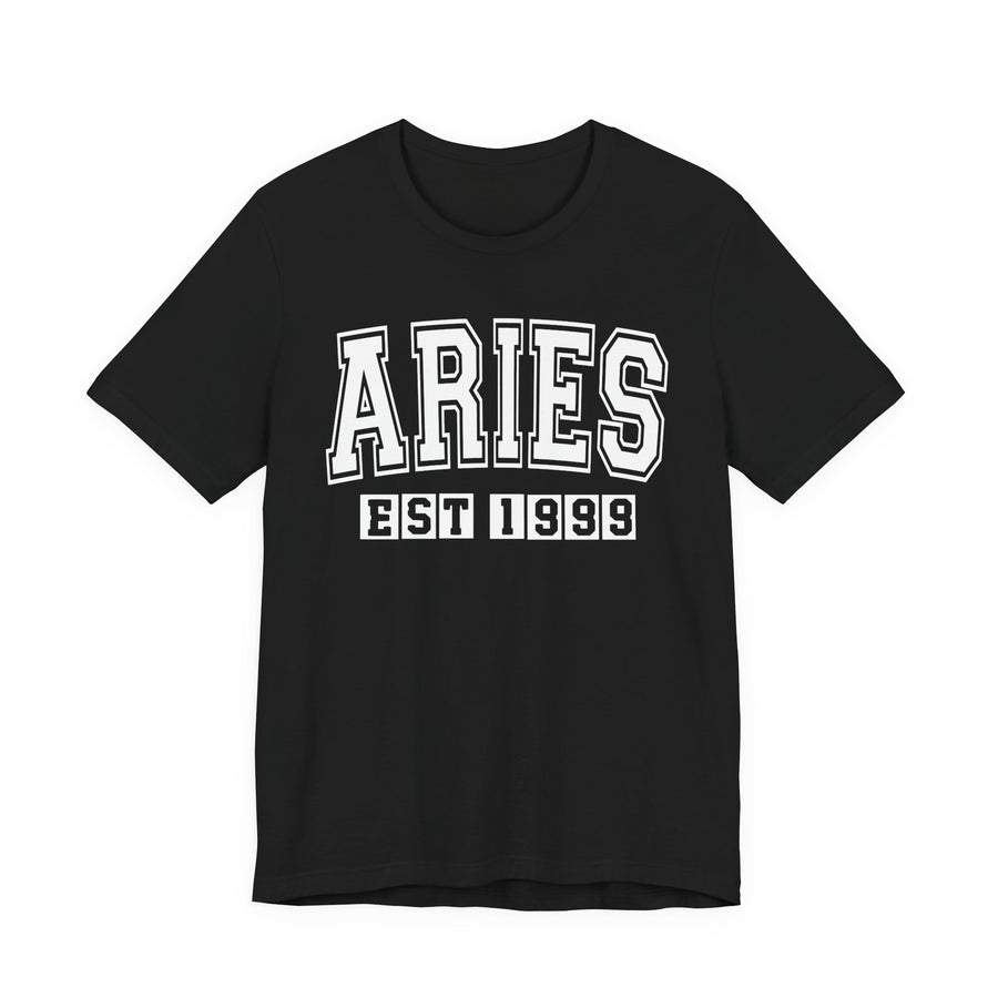 Black t-shirt with white arched ARIES lettering and boxed EST 1999 print, front view.