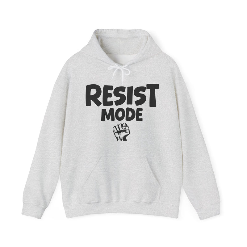 Ash hoodie with white bubble lettering reading "RESIST MODE", front flat-lay view.