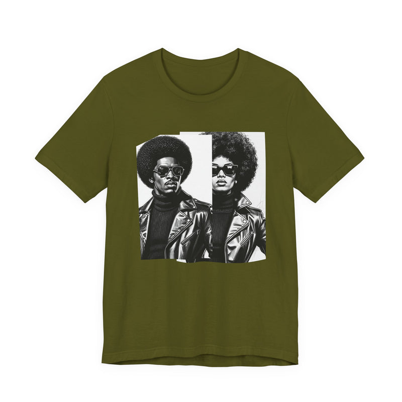 Charcoal t-shirt featuring a 70s-style portrait design, flat-lay view.
