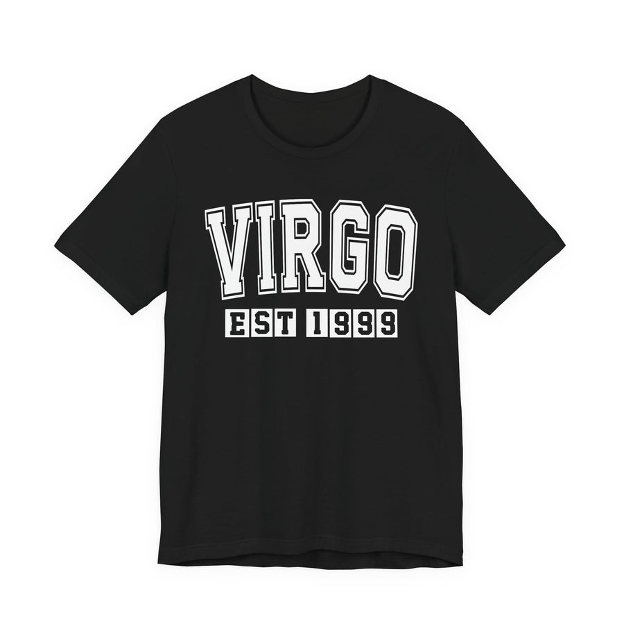 Black t-shirt with white arched VIRGO lettering and boxed EST 1999 print, front view.