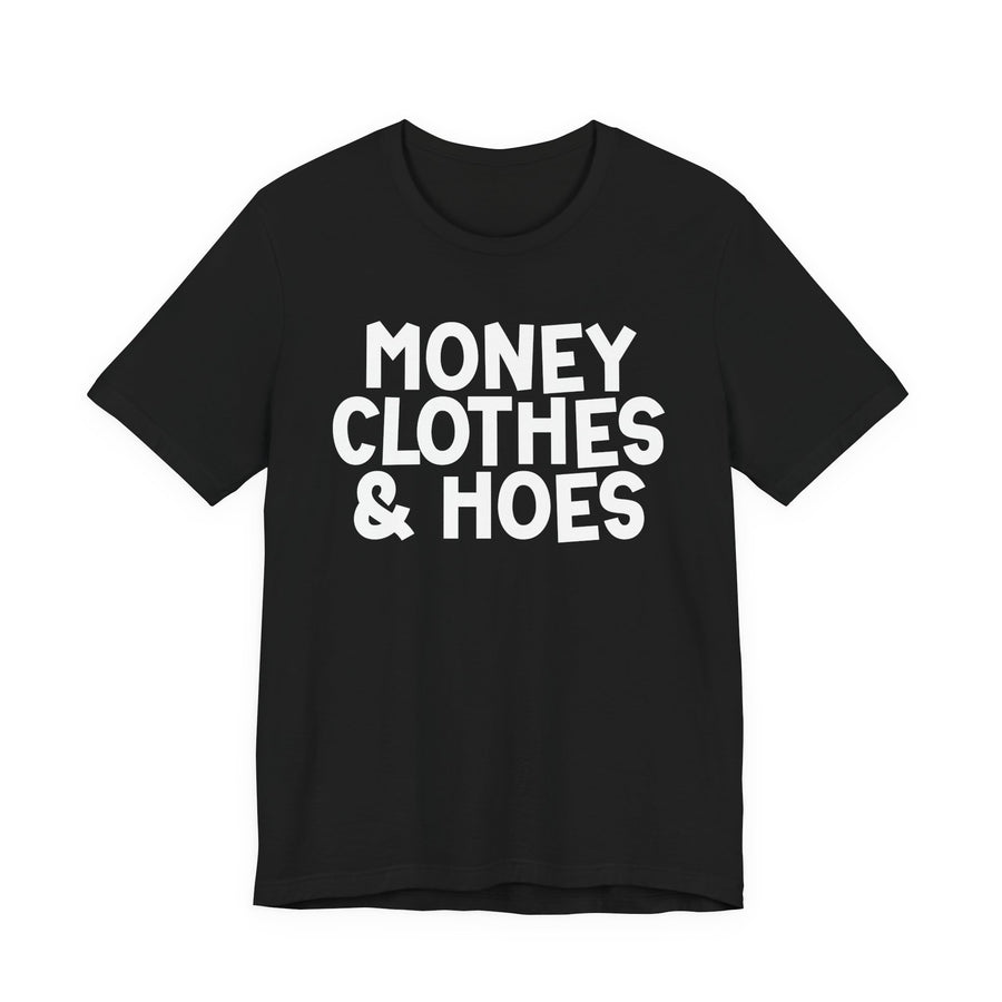 T-Shirt in Athletic Heather with lettering reading MONEY CLOTHES & HOES, front view