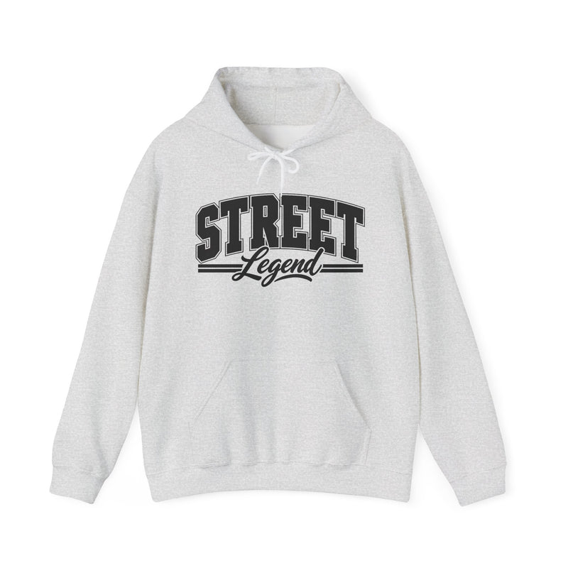 Hoodie product with collegiate lettering reading STREET LEGEND, flat lay.